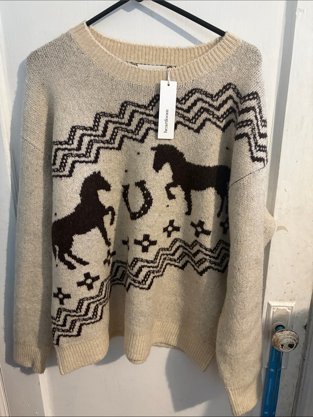 Heartloom Cream Sweater with Brown Horse Motif